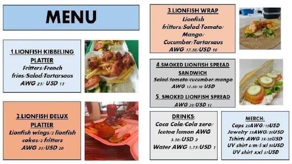 Lionfish Caribbean menu with kibbeling platter, delux platter, wrap, smoked lionfish spread, drinks, and merch prices in AWG and USD