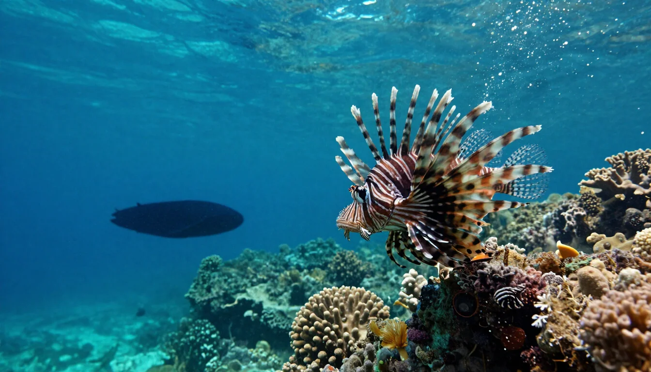 Lionfish above Aruba’s reef in Caribbean waters
